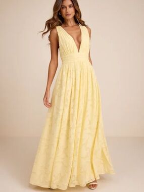 Lulu's Pale Yellow Plunge V-Neck Maxi Dress
